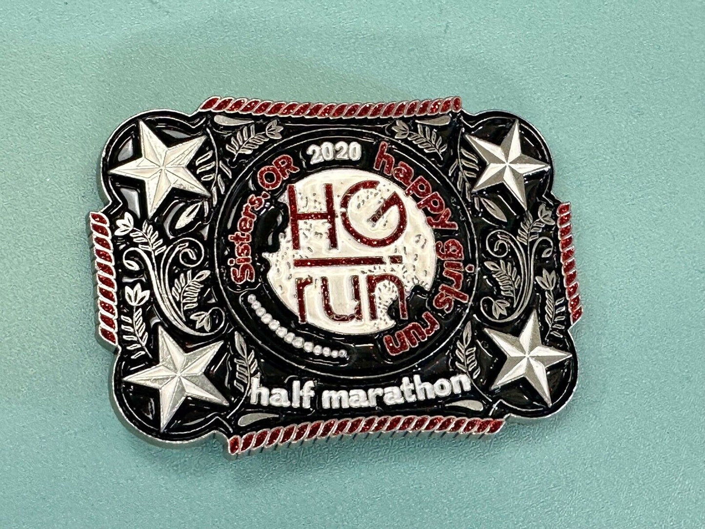 2020 Happy Girls Run HGR marathon silver tone stars in corner belt buckle