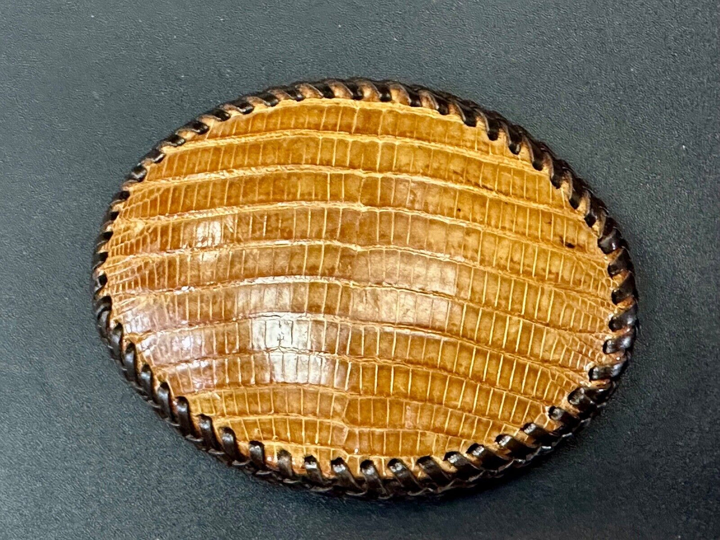 Beautiful lizard Skin brown leather vintage belt buckle with black stitching