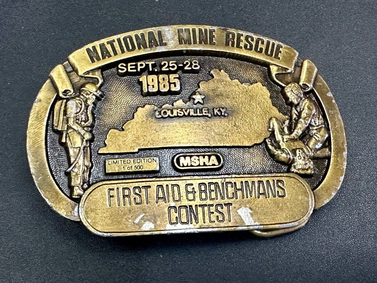1985 National Mine Rescue Louisville KY MSHA First Aid contest belt buckle