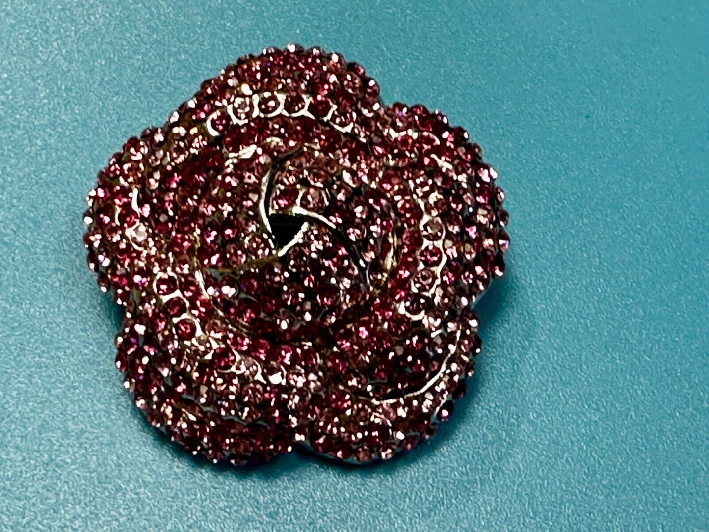 Beautiful Flower Blossom Red Rhinestone Covered Silver Tone Brooch Pin by Y&J