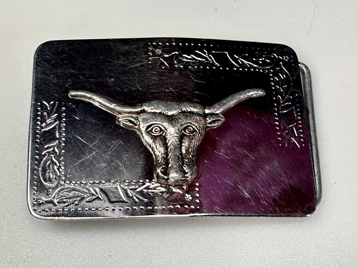 Texas Longhorn Vintage Engraved Ornate Highly Reflective Two Tone Belt Buckle