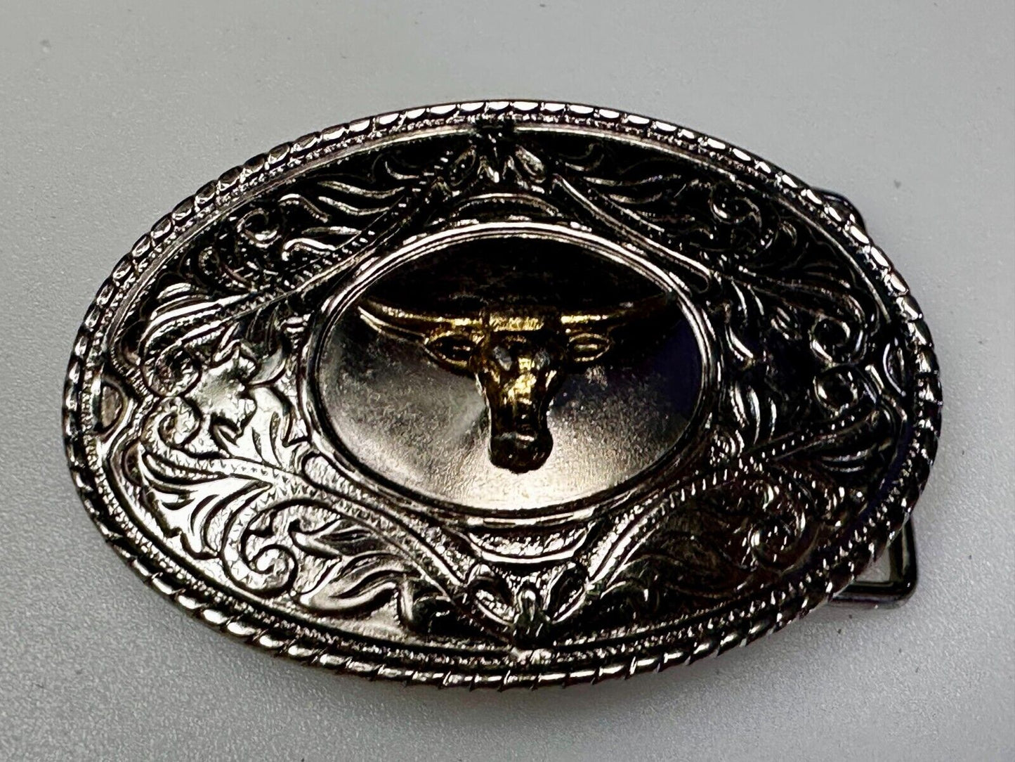 Texas Longhorn Vintage Ornate Cowboys Cowgirls Western Two Tone Belt Buckle