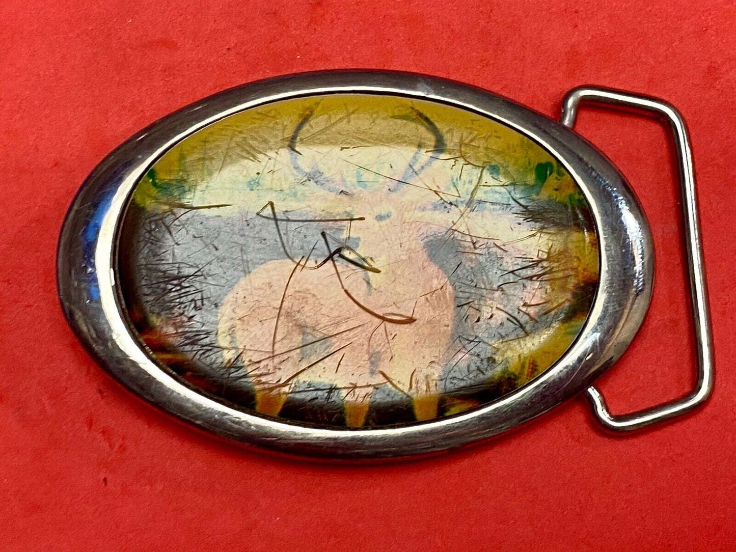 Vintage 1987 PICTURE OF DEER IN NATURE - HUGE RACK! Solid Brass TN belt buckle