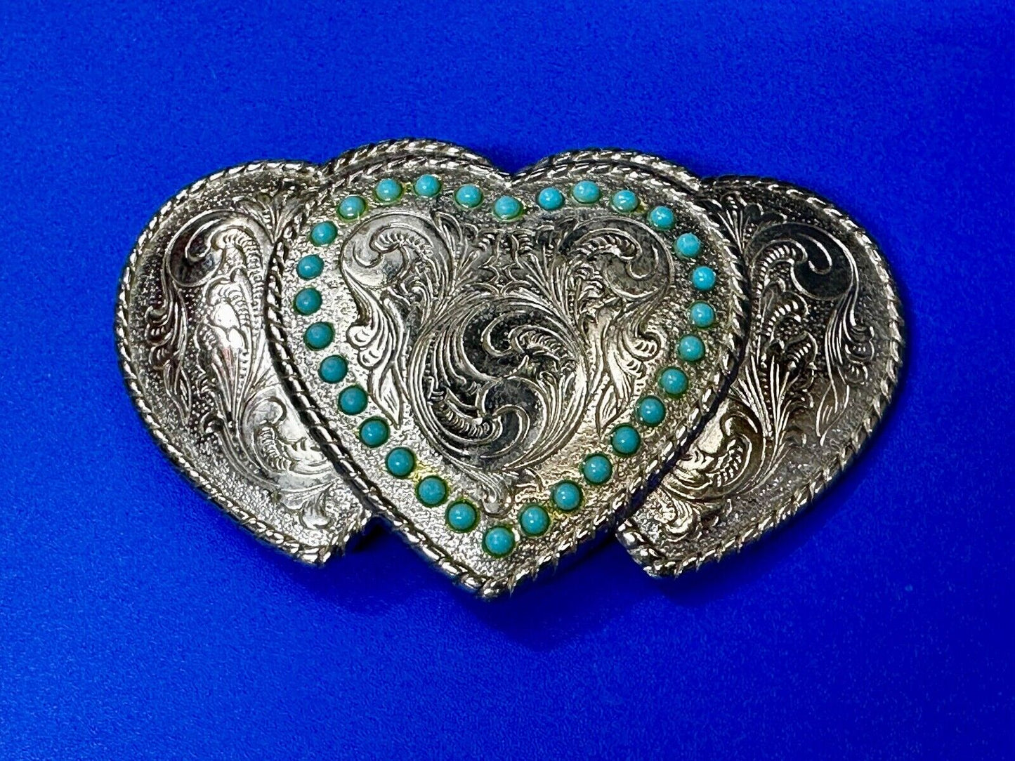 Triple 3 Hearts - Turquoise Colored Accented Or Outlined Three Heart Belt Buckle
