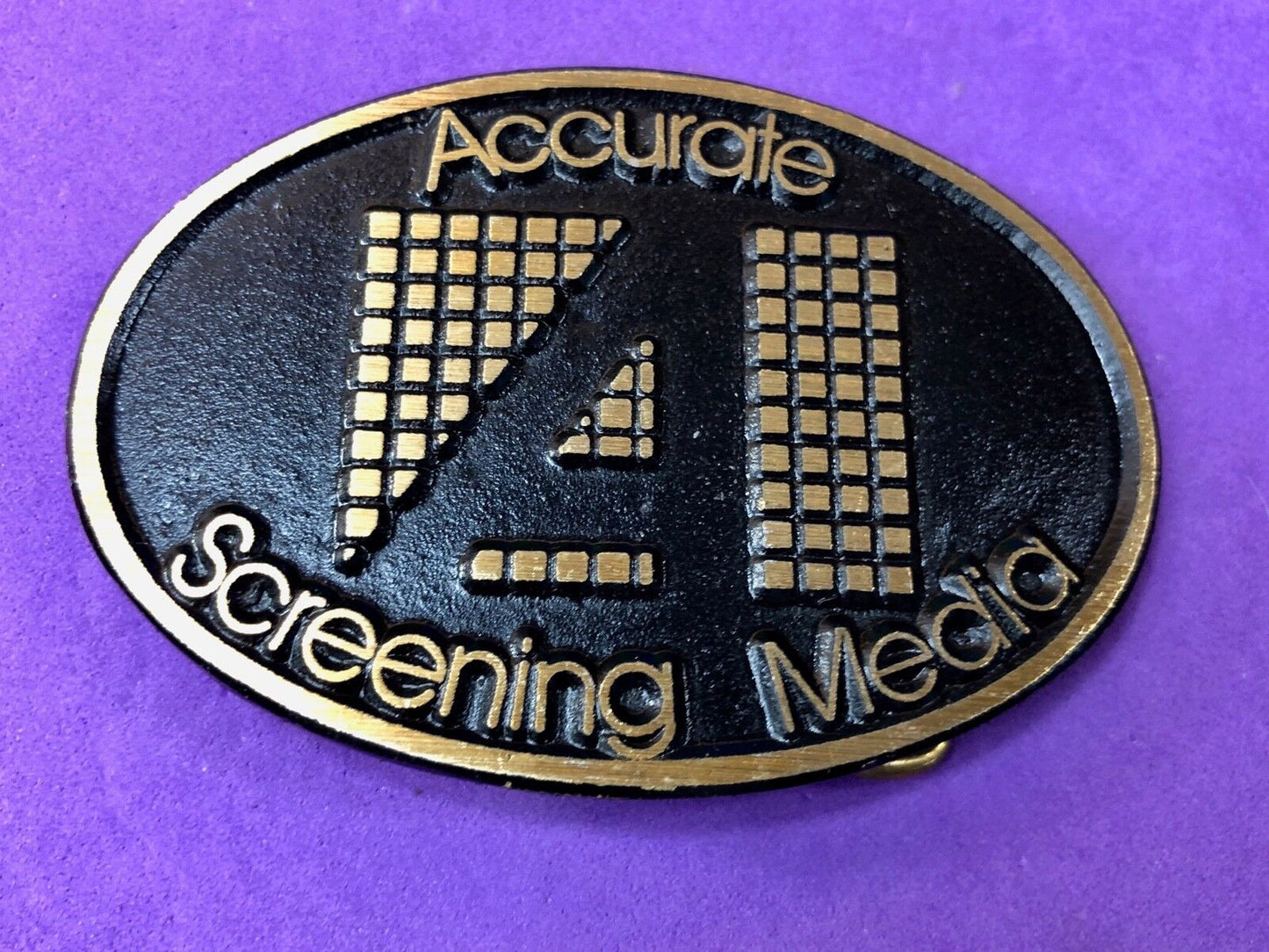 Vintage ACCURATE Screen media Belt Buckle Company Advertising Promo Logo Add