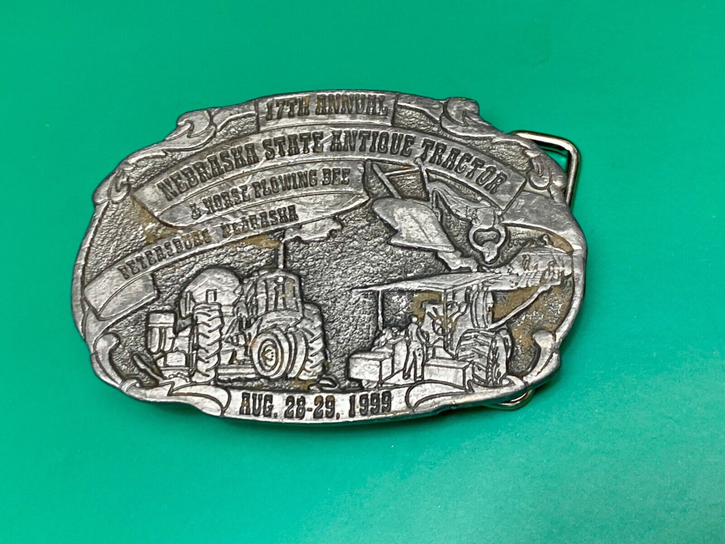 Vintage 1999 Nebraska State Antique Tractor and Horse Plowing Bee belt buckle