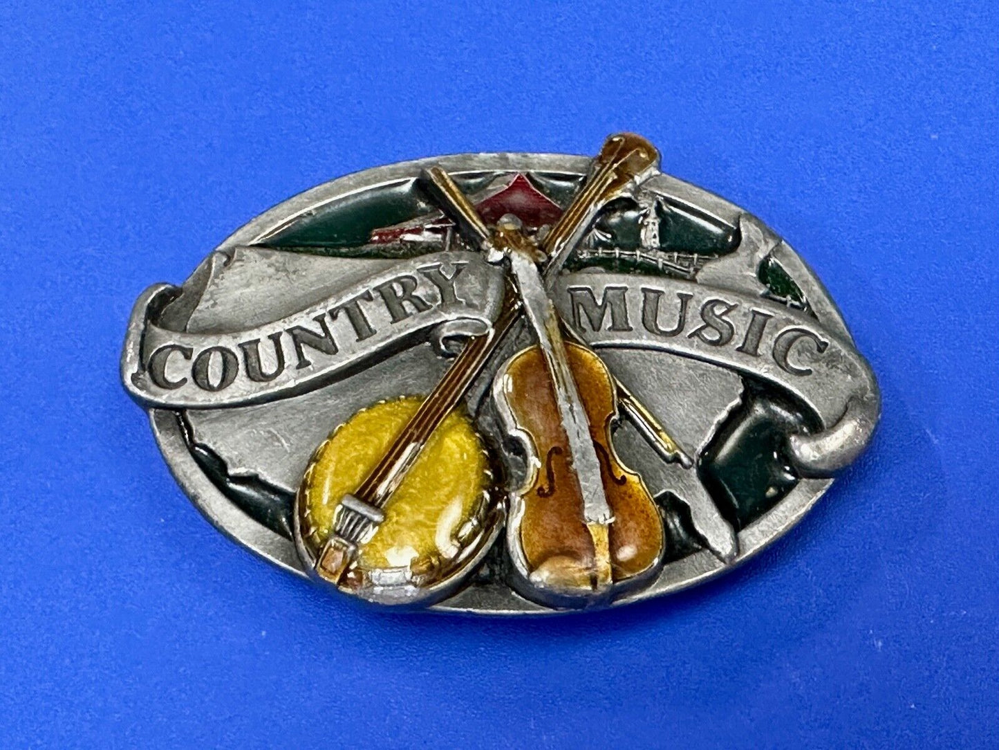 Vintage Enameled Country Music Guitar Fiddle - Bergamot Brass works Belt Buckle