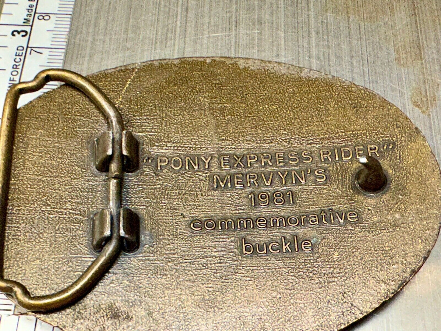 Vintage 1981 Mervyn's Pony Express Rider Brass Belt Buckle Western Belt Buckle
