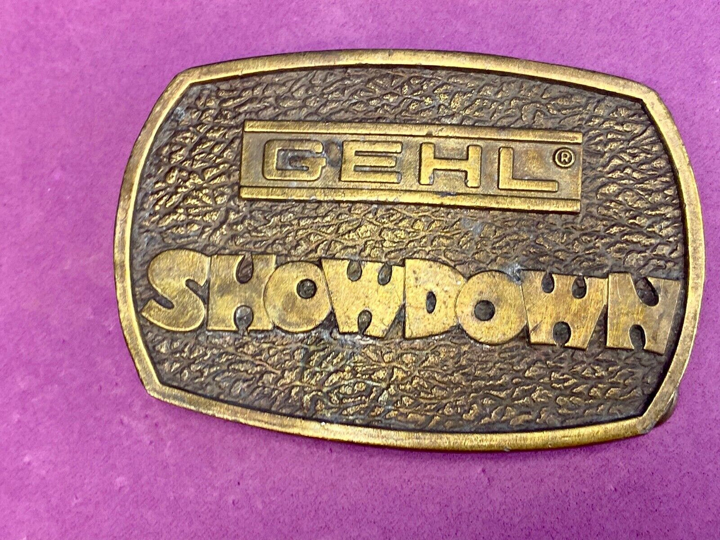 Vintage 1976 GEHL Showdown belt buckle by Bergamot - Farm Equipment Machinery