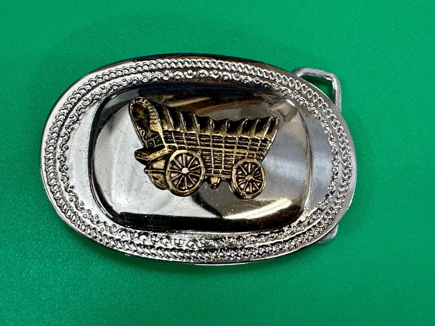Vintage Covered Wagon - western two tone outlined belt buckle