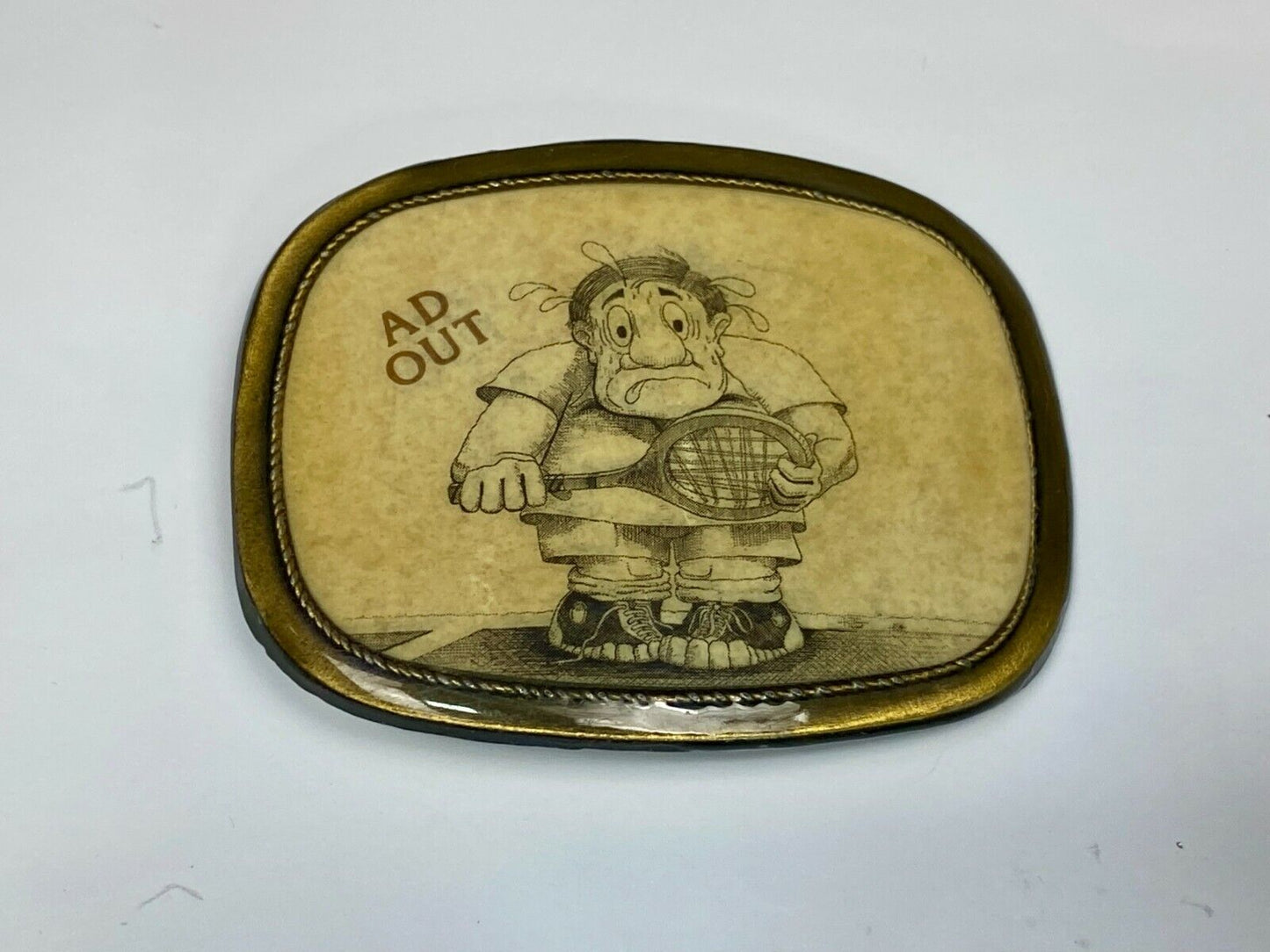 Tennis Game Novelty 70'S Cartoon Figure "Ad Out" Rounded Corner Belt Buckle