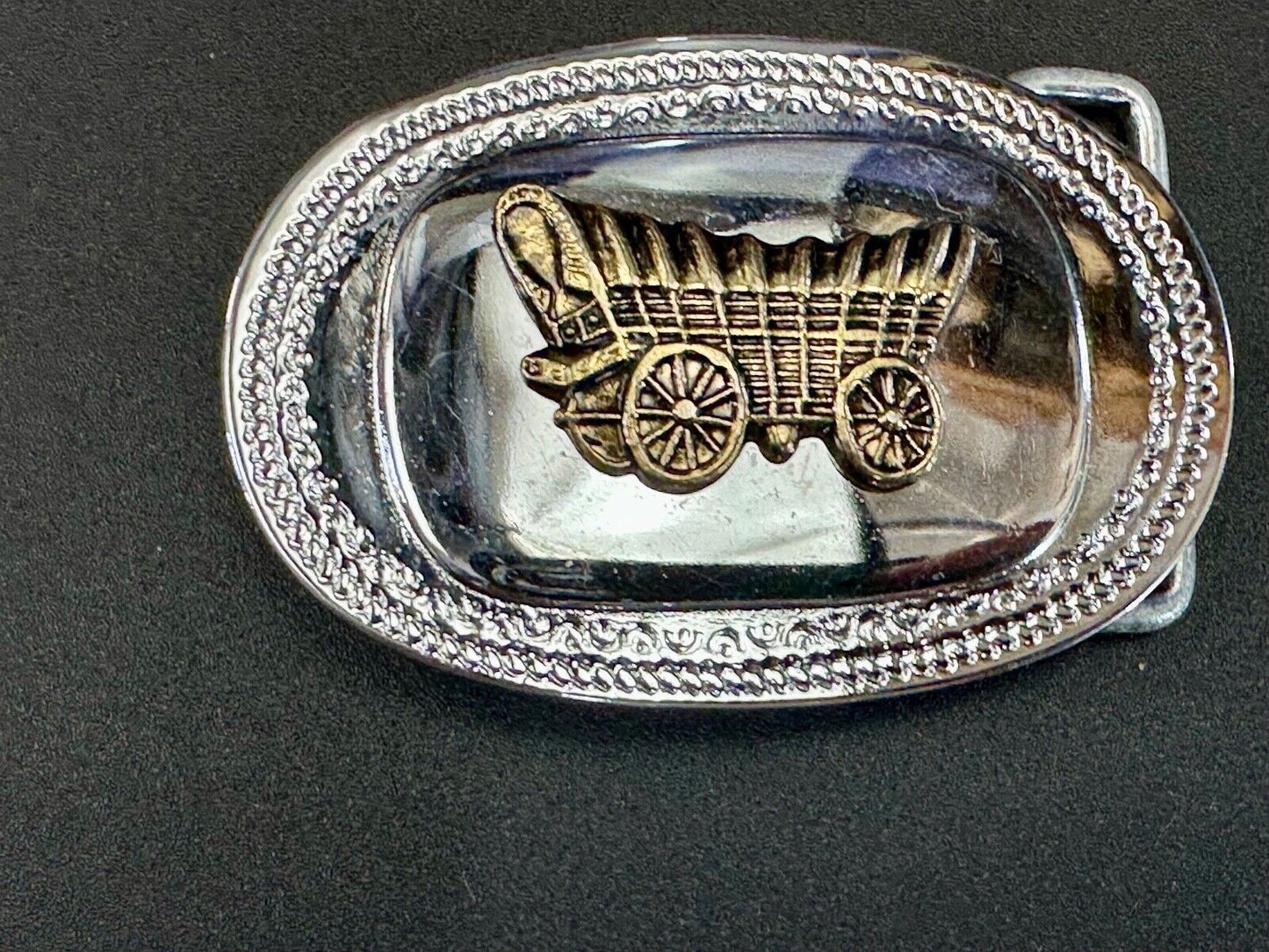 Vintage Covered Wagon - western two tone outlined belt buckle