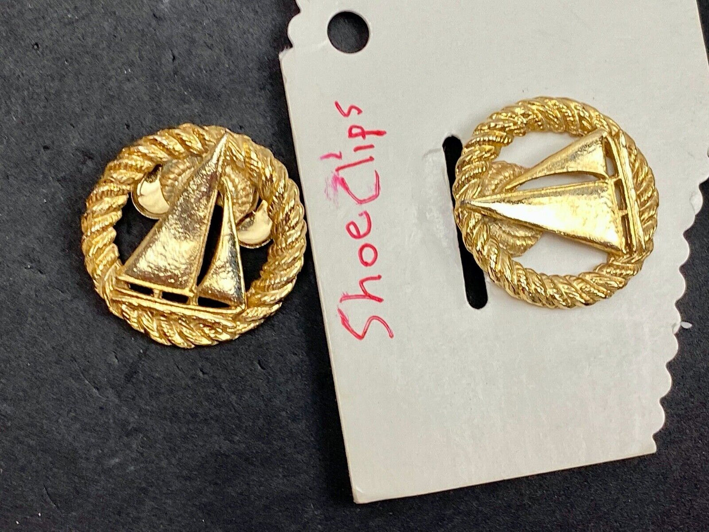 beautiful two piece Sailboat gold tone small vintage belt buckle signed Musi