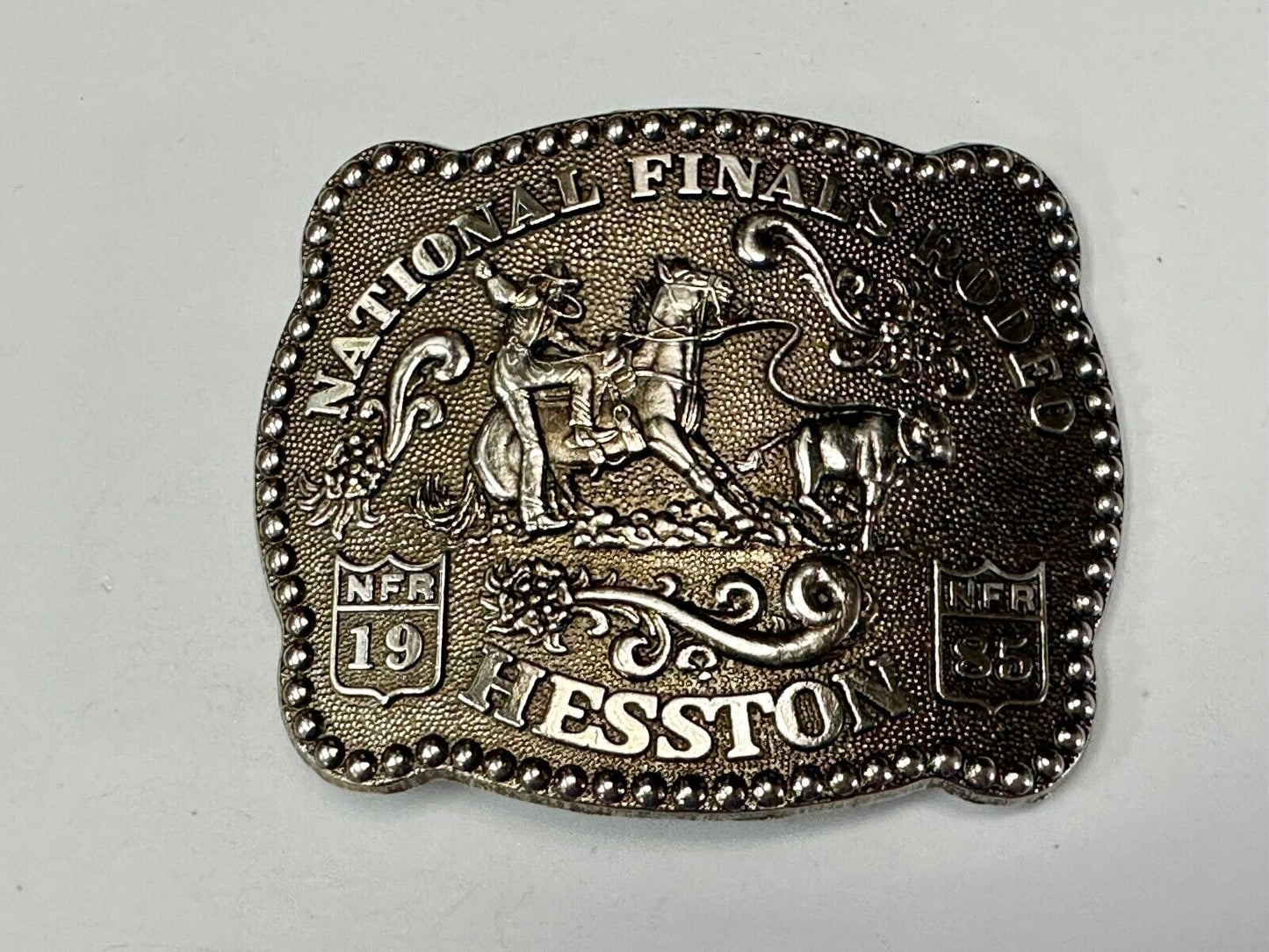 1985 NFR Rodeo Vintage Hesston Belt Buckle Steer Wrestling Cowboy