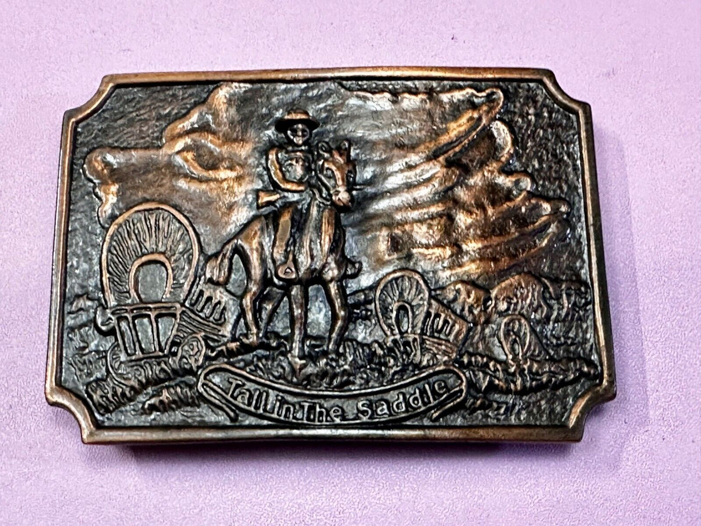 Tall in the Saddle Wagon Cowboy Horse Western Art Scene Vintage Belt Buckle