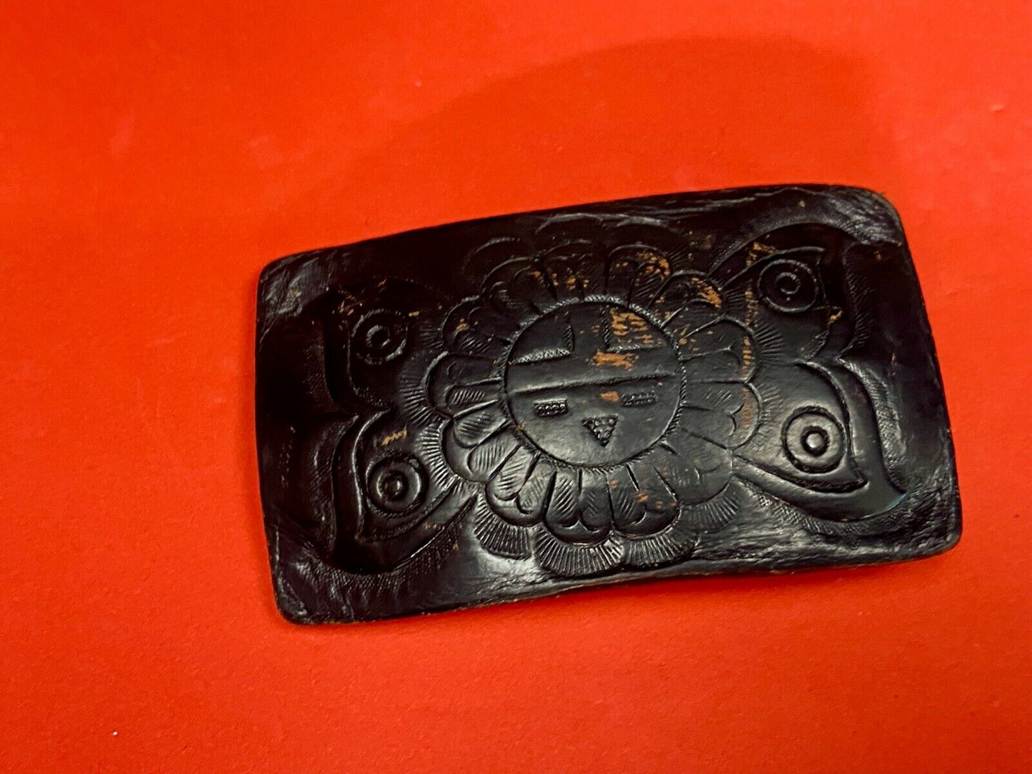 Vintage Black Leather Flower Pattern Belt Buckle