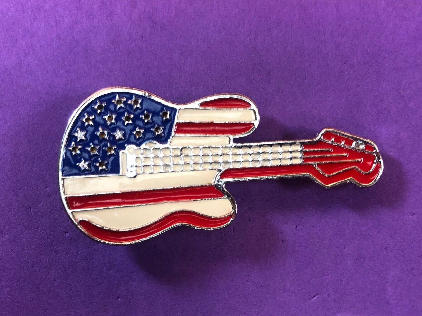American USA flag colors on figural cut out guitar belt buckle Rock & Roll!