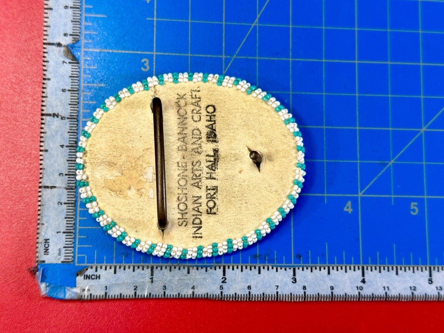 Beaded belt buckle, buckskin backing by Shoshone / Bannock Indian Arts - Idaho