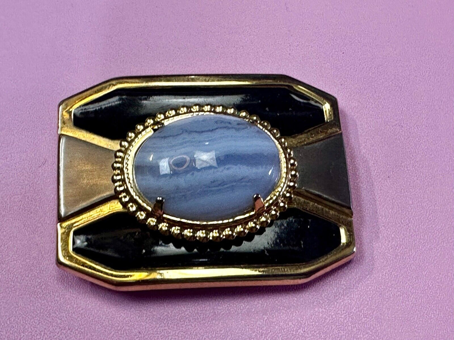 Vintage Blue Lace Agate Cabochon Cab Stone Centerpiece on Western Belt Buckle