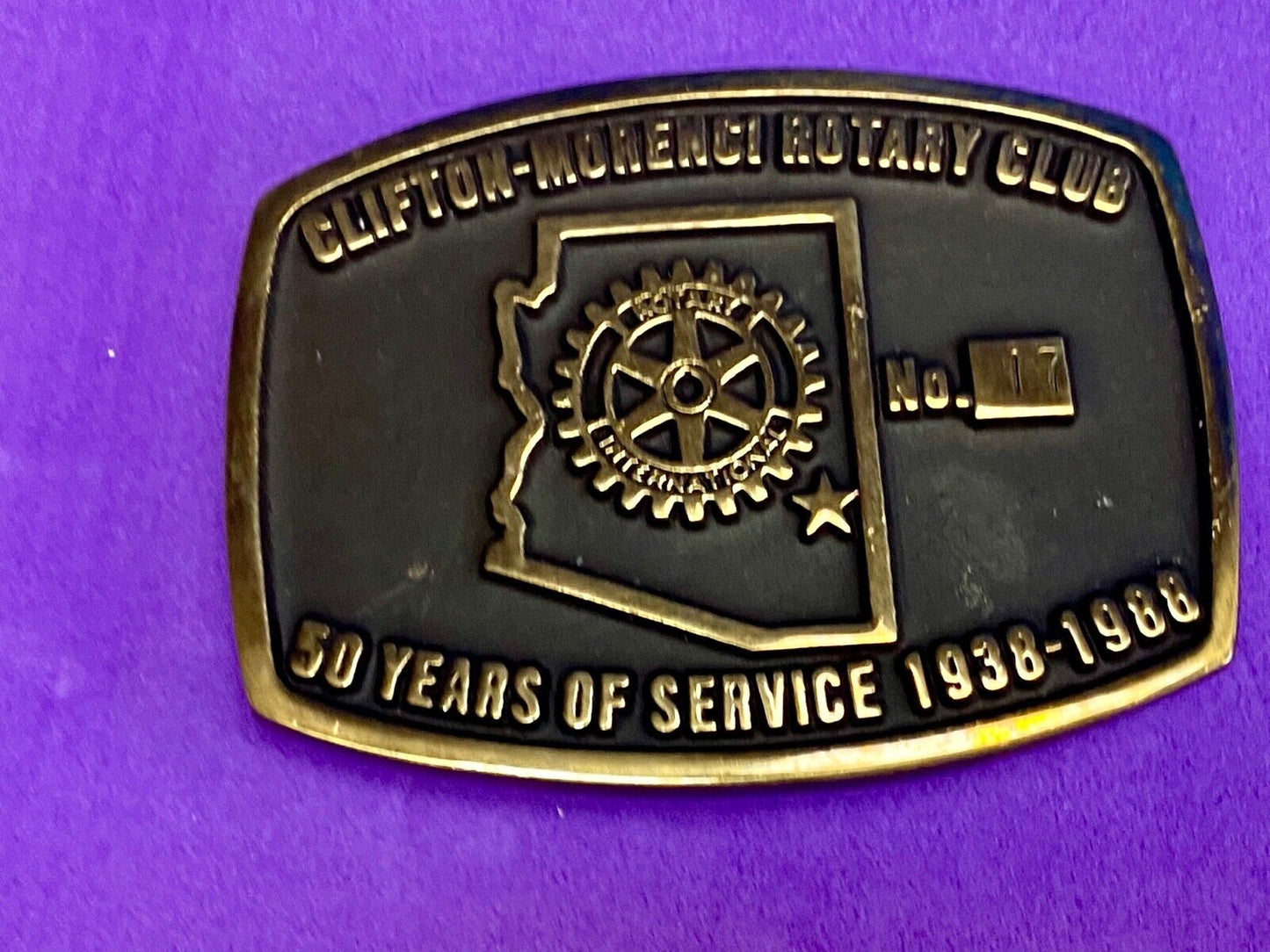 Vintage Clifton Morenci Rotary Club 50 years of service celebration belt buckle