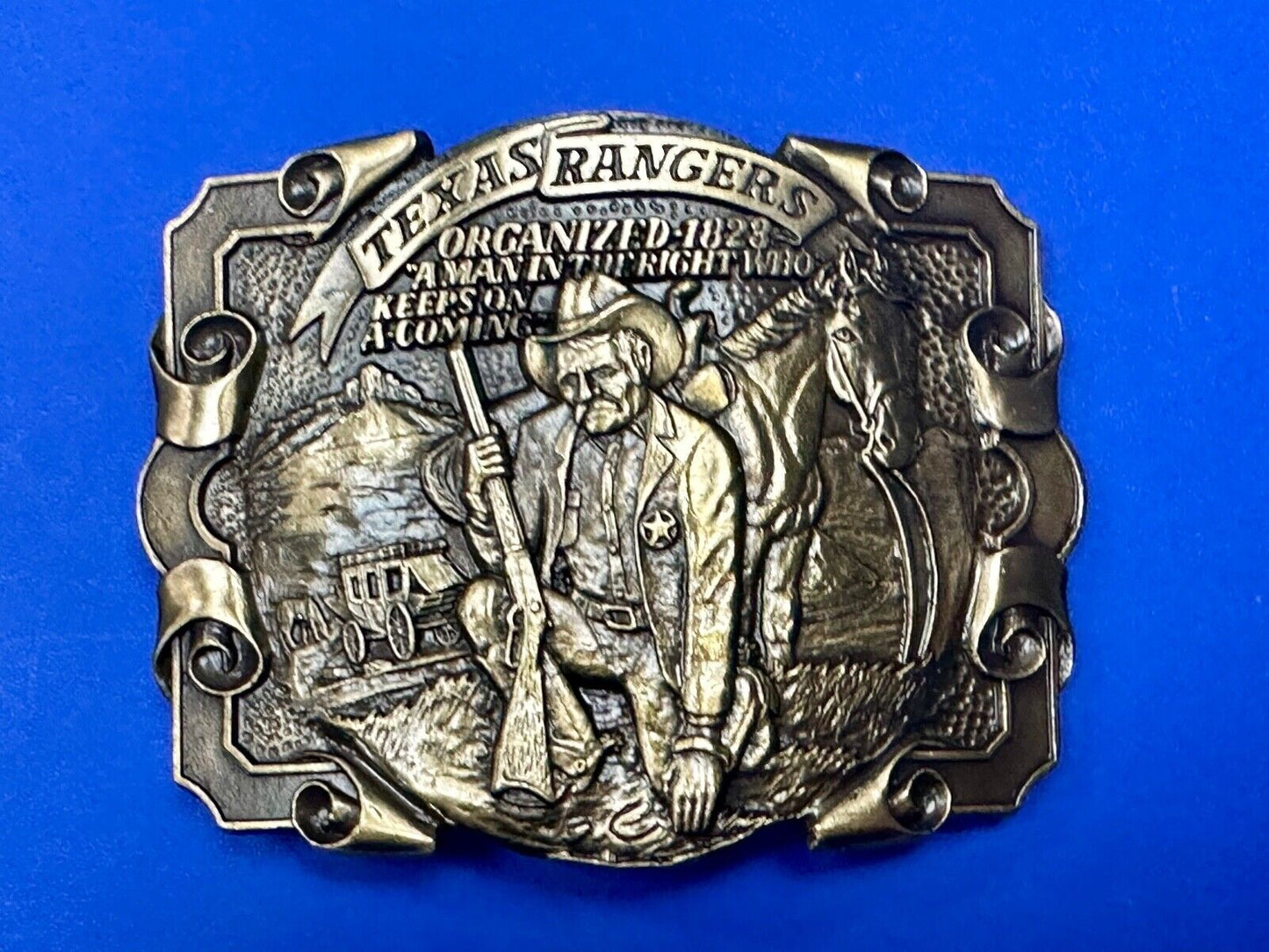 Texas Rangers Organized 1828 A man in the right who keeps on coming Belt Buckle