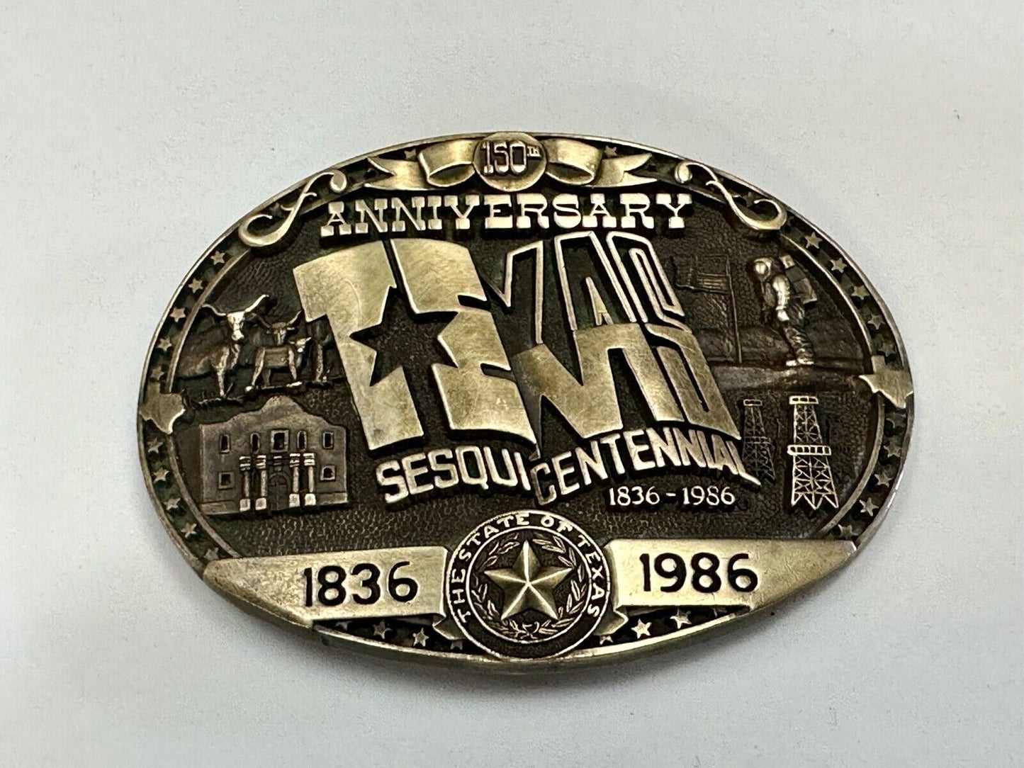 Texas Sesquicentennial 150 year celebration solid brass ADM belt buckle