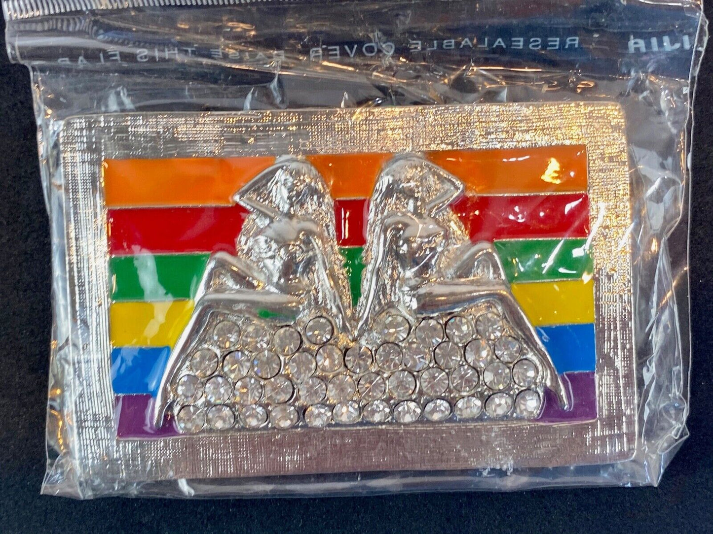 Two women on mound of rhinestones Rainbow colors belt buckle - lgbt lesbian
