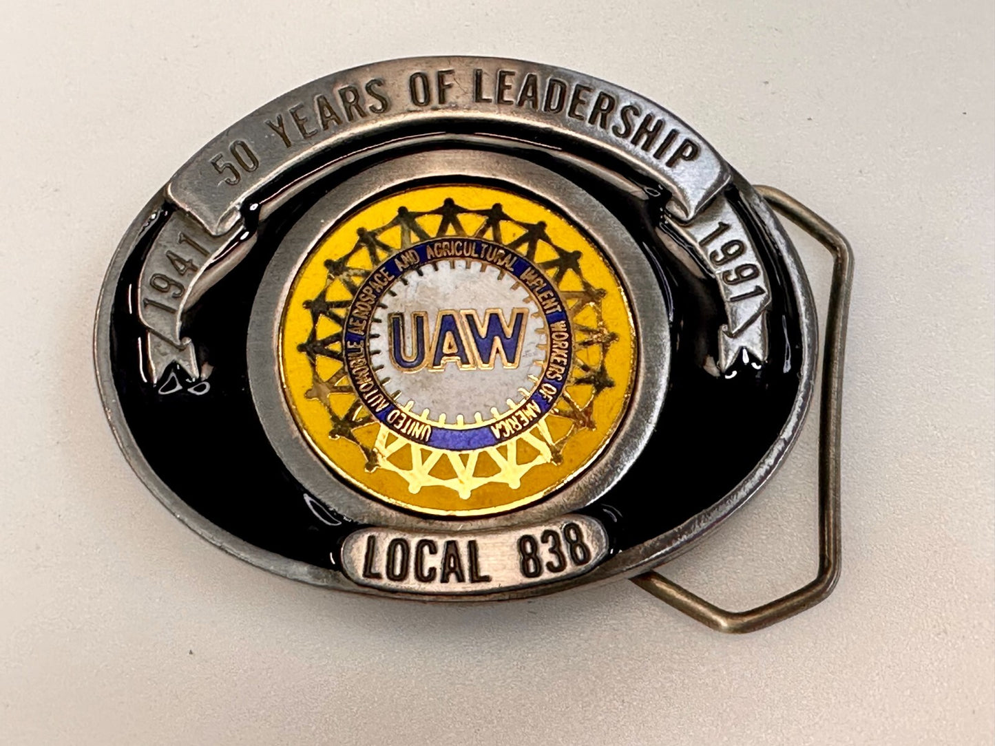 AUW United Auto Workers Local 838 50 Years of Leadership 1941-1991 Belt Buckle