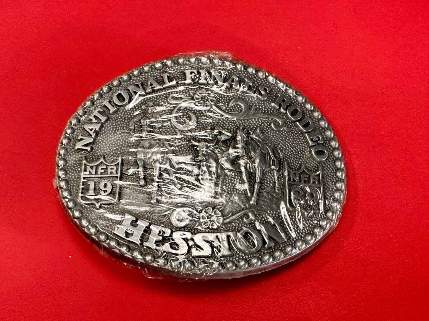 1989 Adult Size Hesston National Finals Rodeo Bull Riding Cowboys belt buckle
