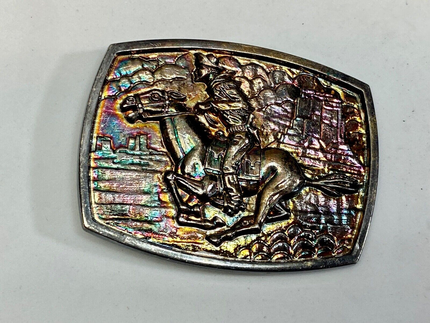 Vintage Horse Back Rider Racing Through Town Western Belt Buckle