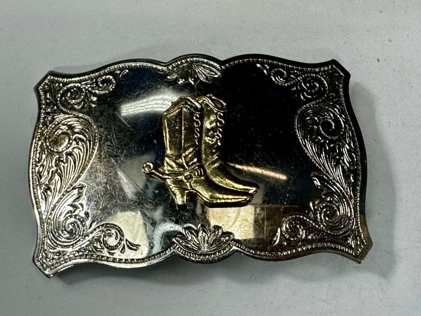 Vintage Cowboy Boots Engraved Swirl Border Two Tone Western Style Belt Buckle