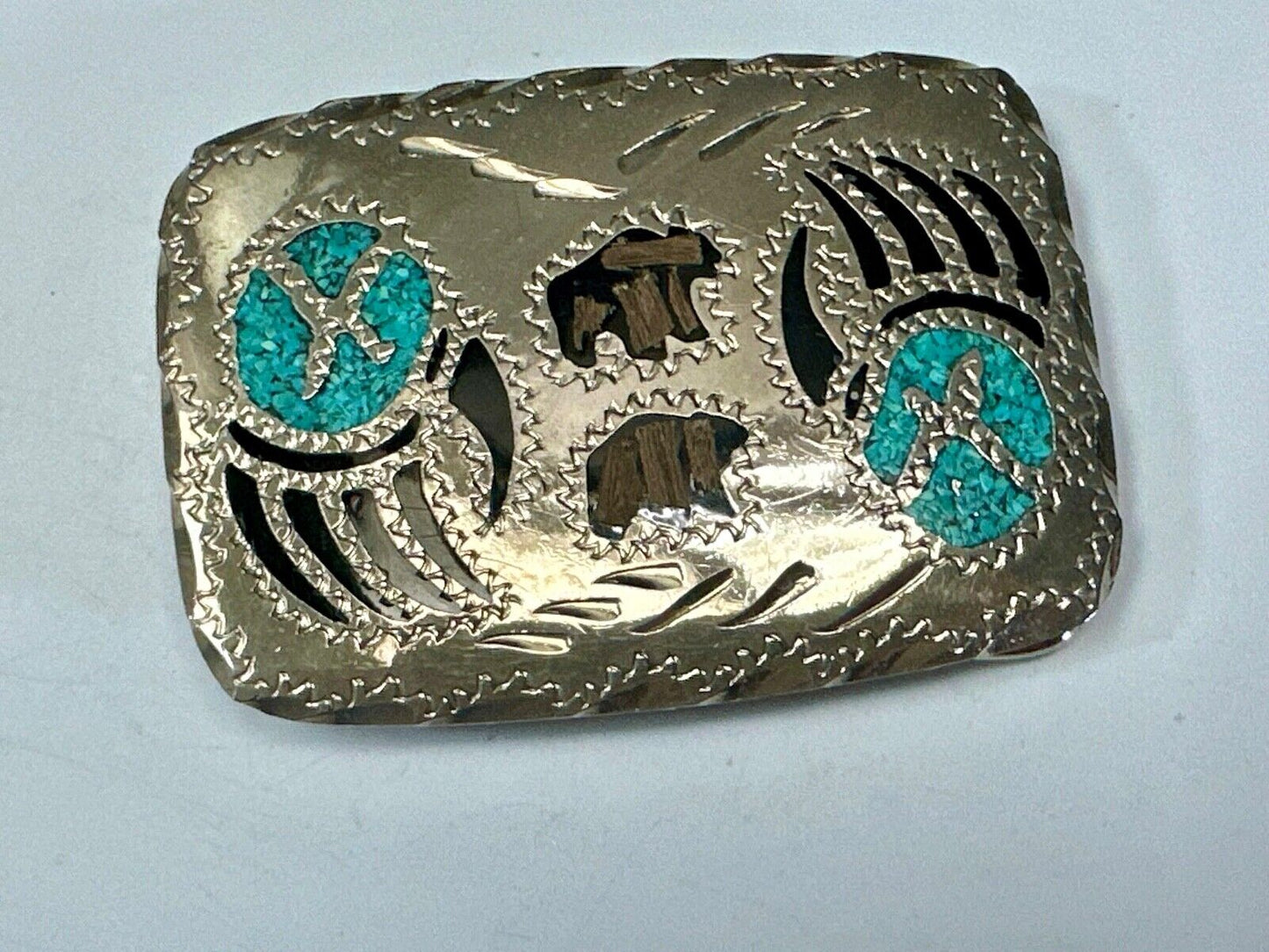 Bear - Paw Figure vintage inlaid turquoise chip & black Enamel belt buckle