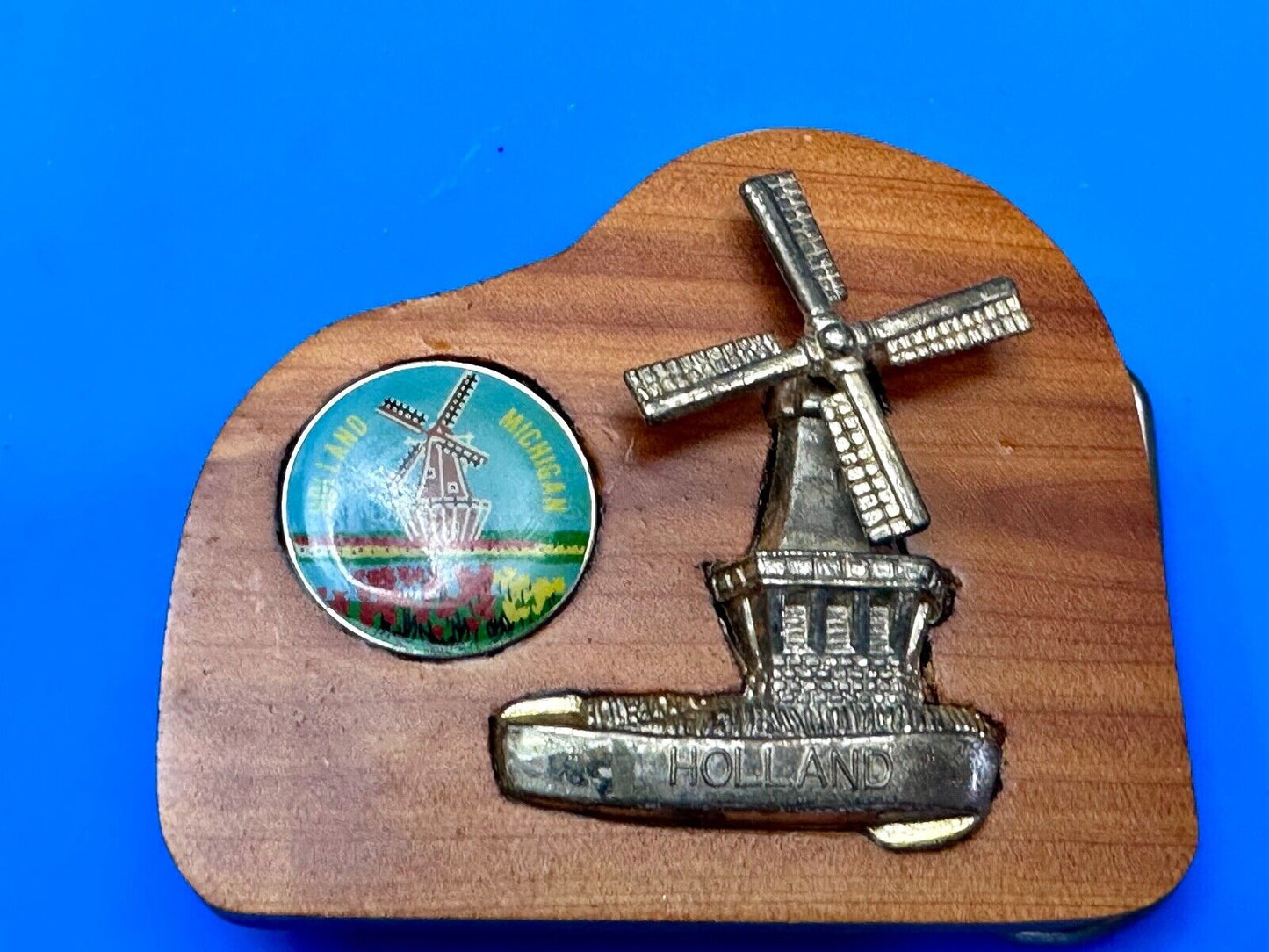 Vintage Artisan Inlaid Holland Michigan Pin and windmill Into wooden Belt Buckle