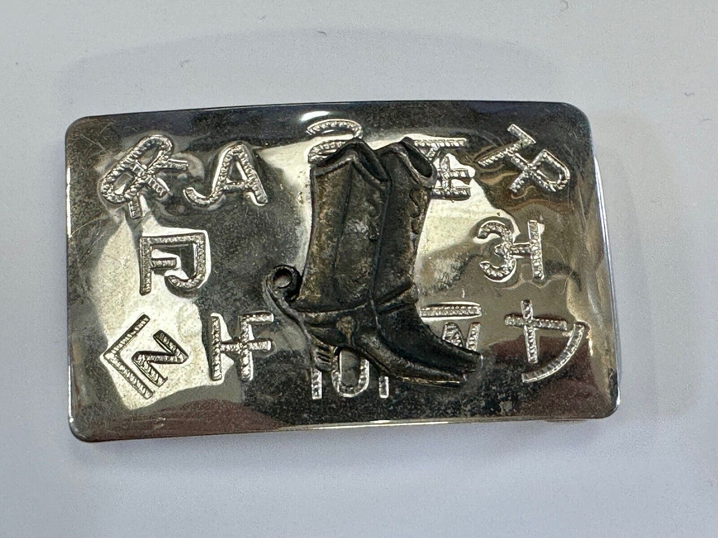 Vintage Chambers Western Cowboy Boots and cattle branding symbols belt buckle