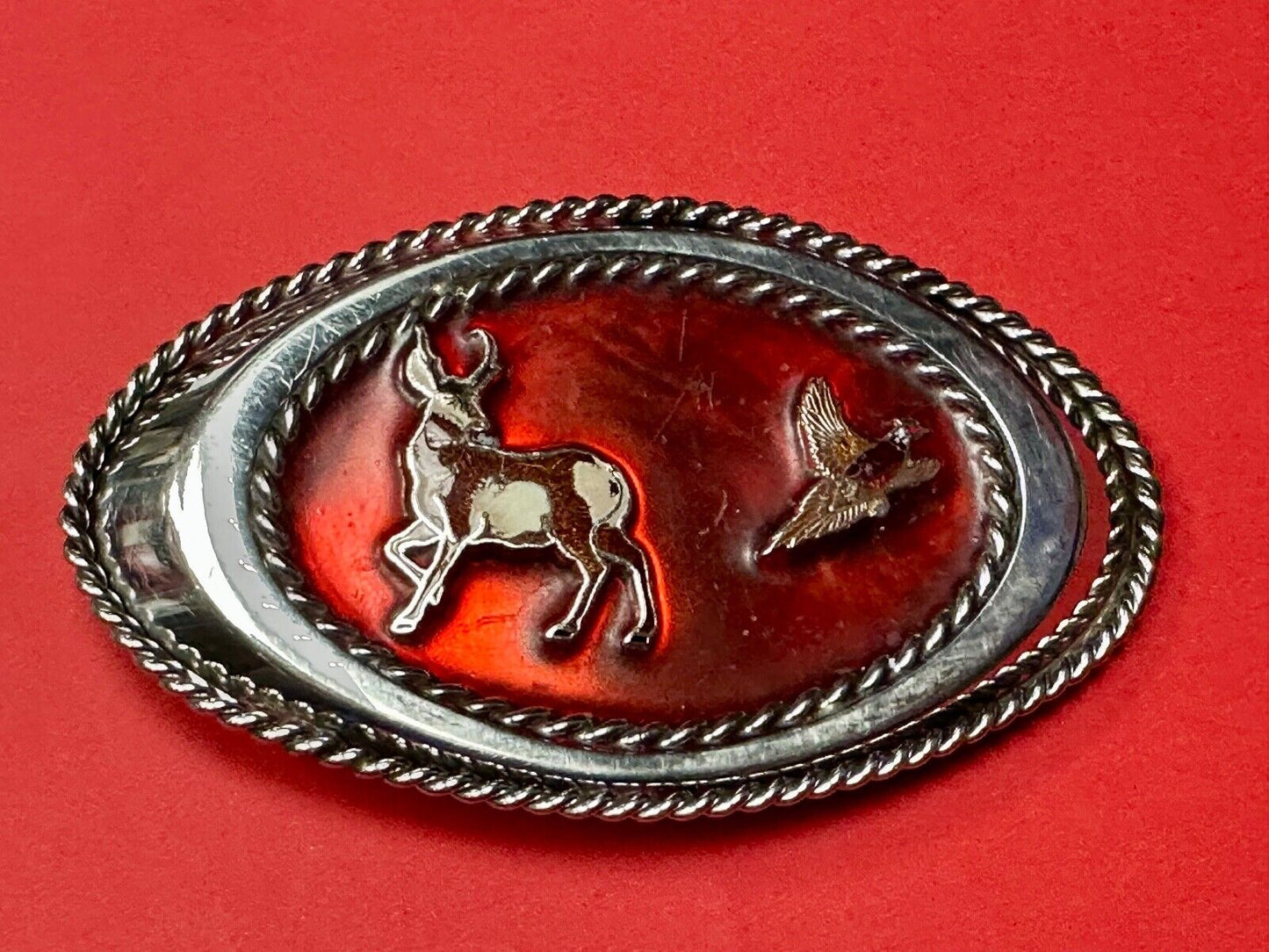 Vintage Artisan Hunters Deer and Quail oval western belt buckle