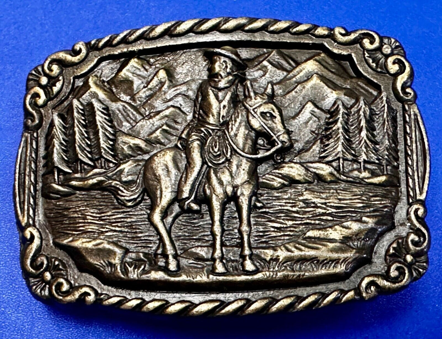 Tall in the Saddle Cowboy Horse Western Vintage Belt Buckle W/ Rope Boarder