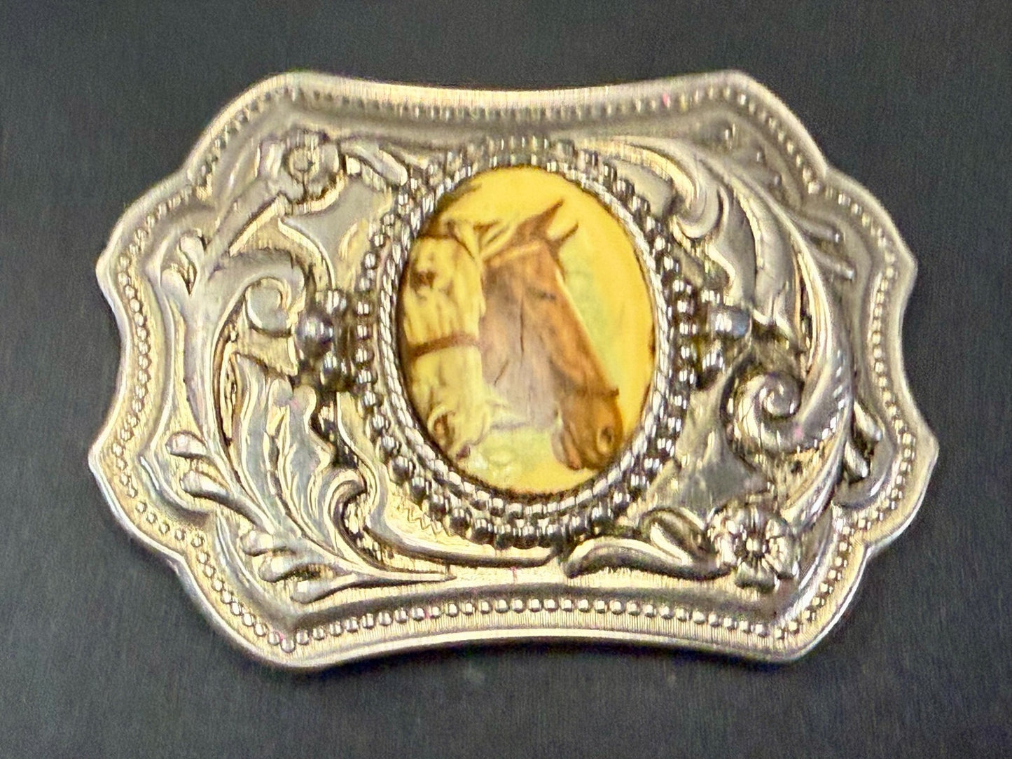 Beautiful Two Horse Head Picture Cabochon Centerpiece Western Ornate Belt Buckle