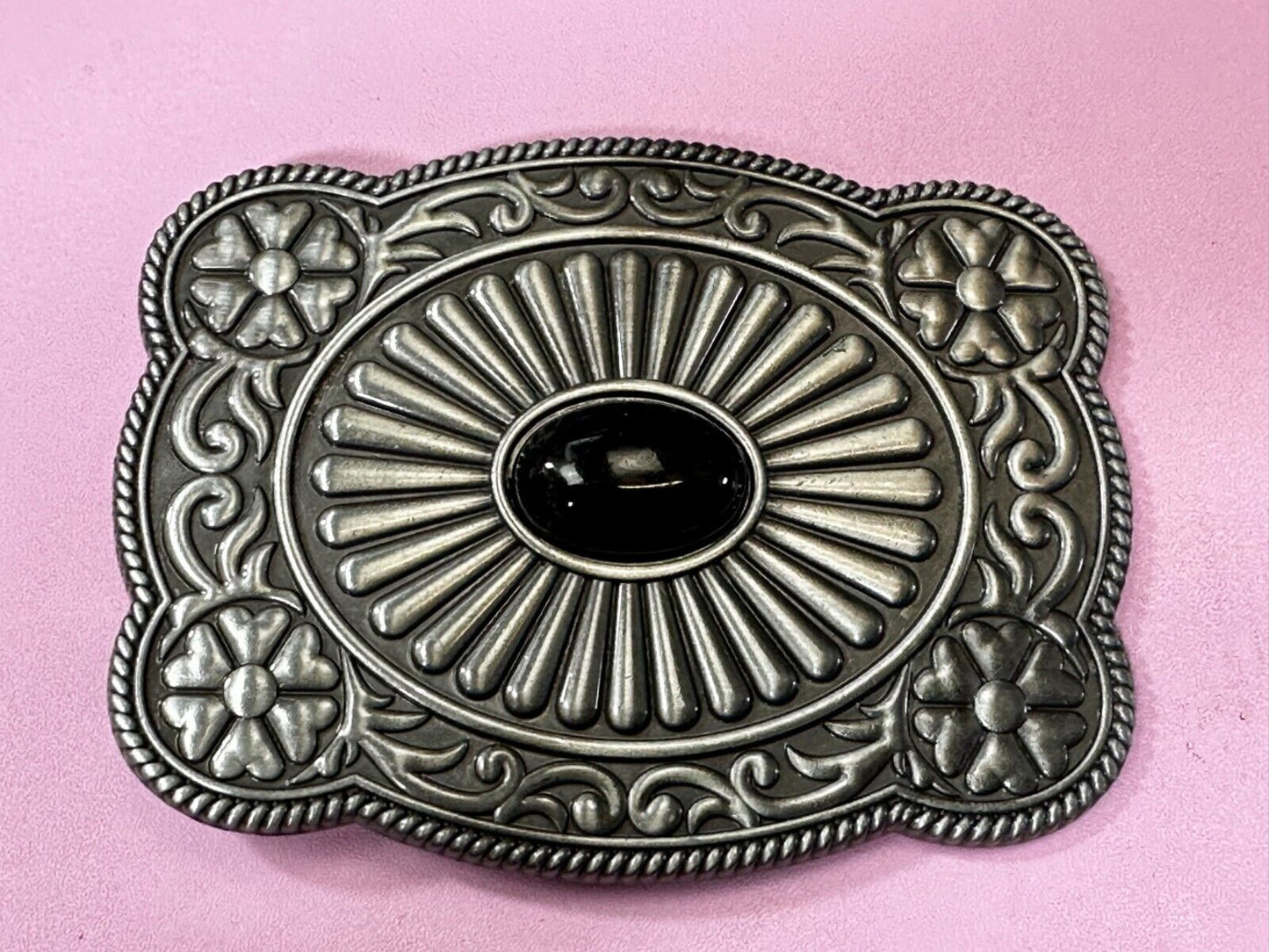 Black Faux Stone Cabochon Centerpiece in Western Framed Belt Buckle