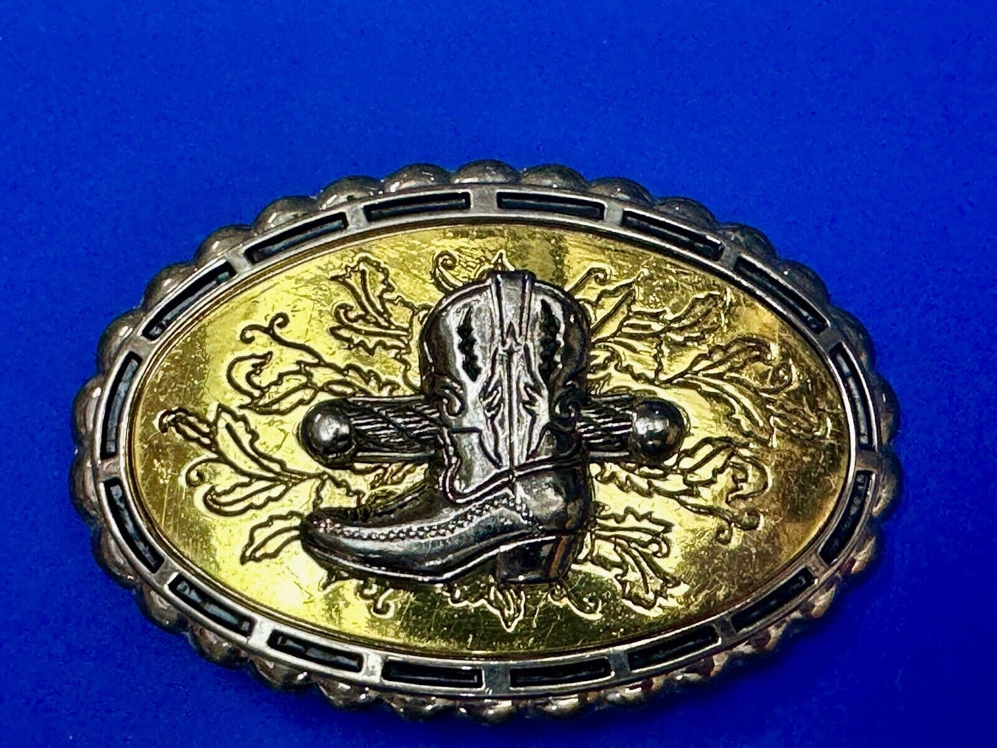 Unique Single Cowboy Boot - vintage yellow background western belt buckle