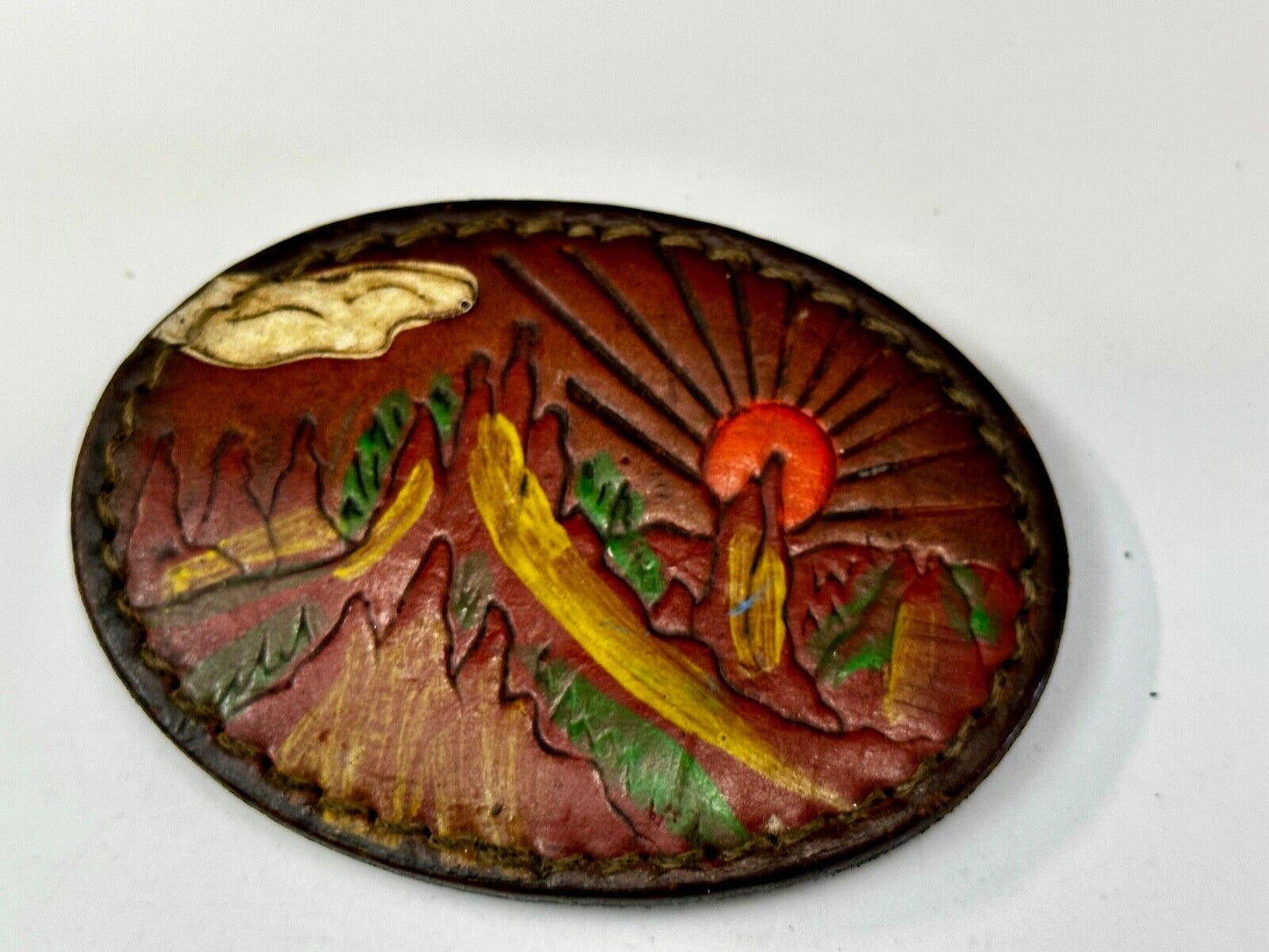Beautiful Nature Scenery on Vintage Brown Leather Oval Belt Buckle