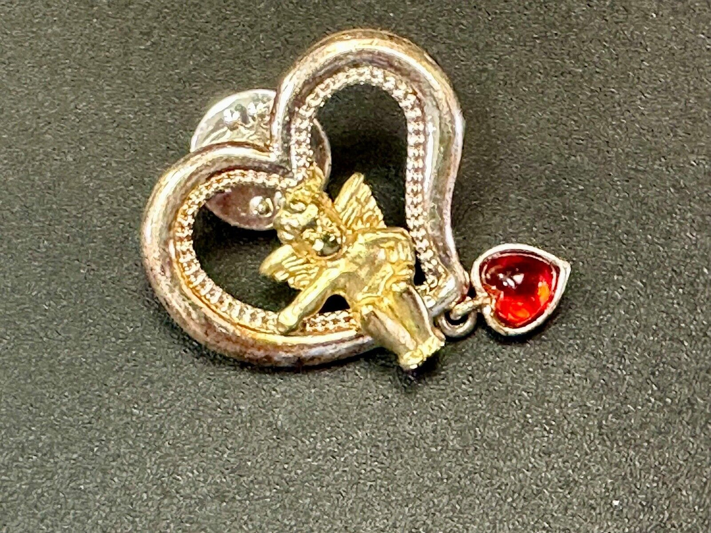 Angle Sitting in Heart Shaped Brooch pin with red heart dangle charm
