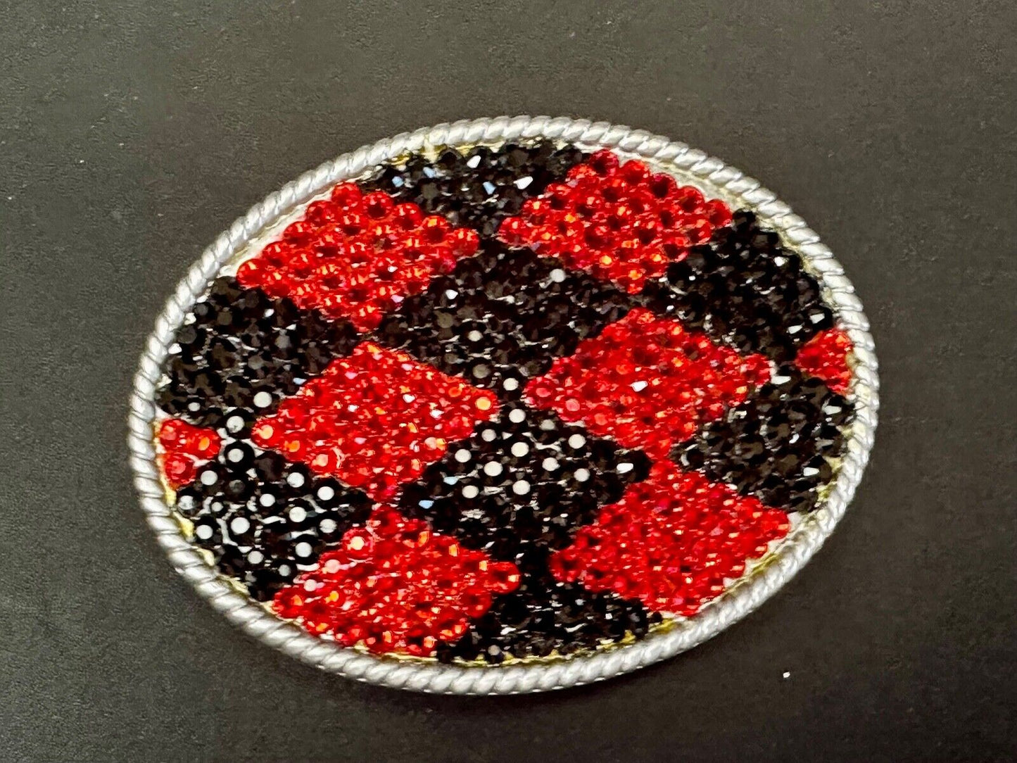 Black & Red rhinestone Checkerboard pattern covering 3.75" wide belt buckle