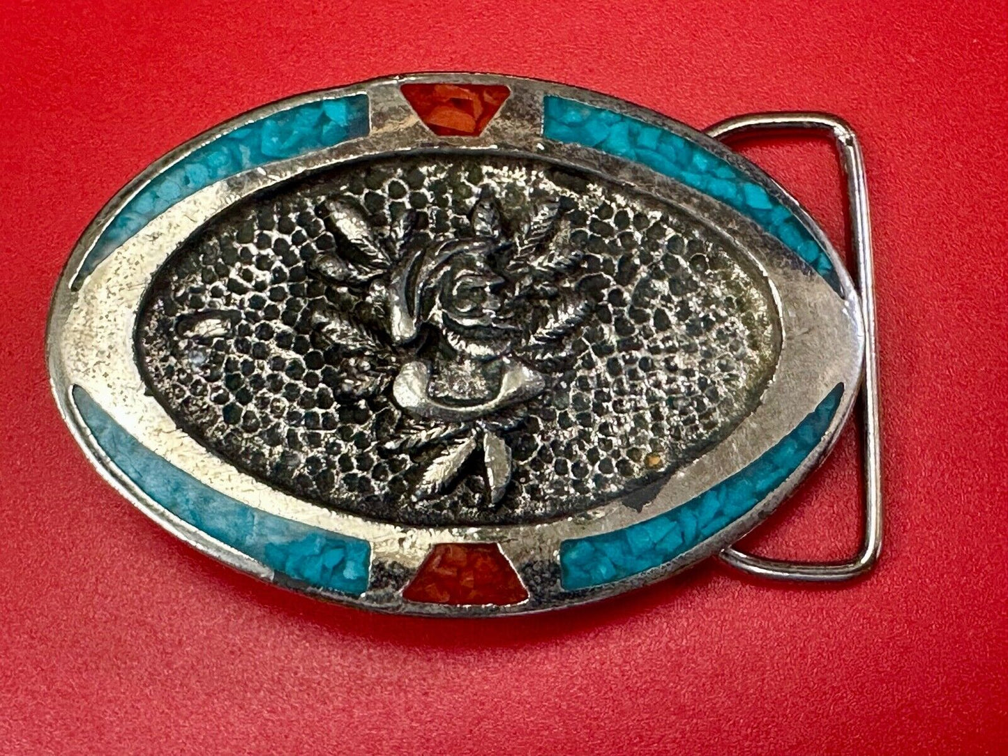 Beautiful ROSE flower Crushed Turquoise and Coral chip Boarder belt buckle by TT