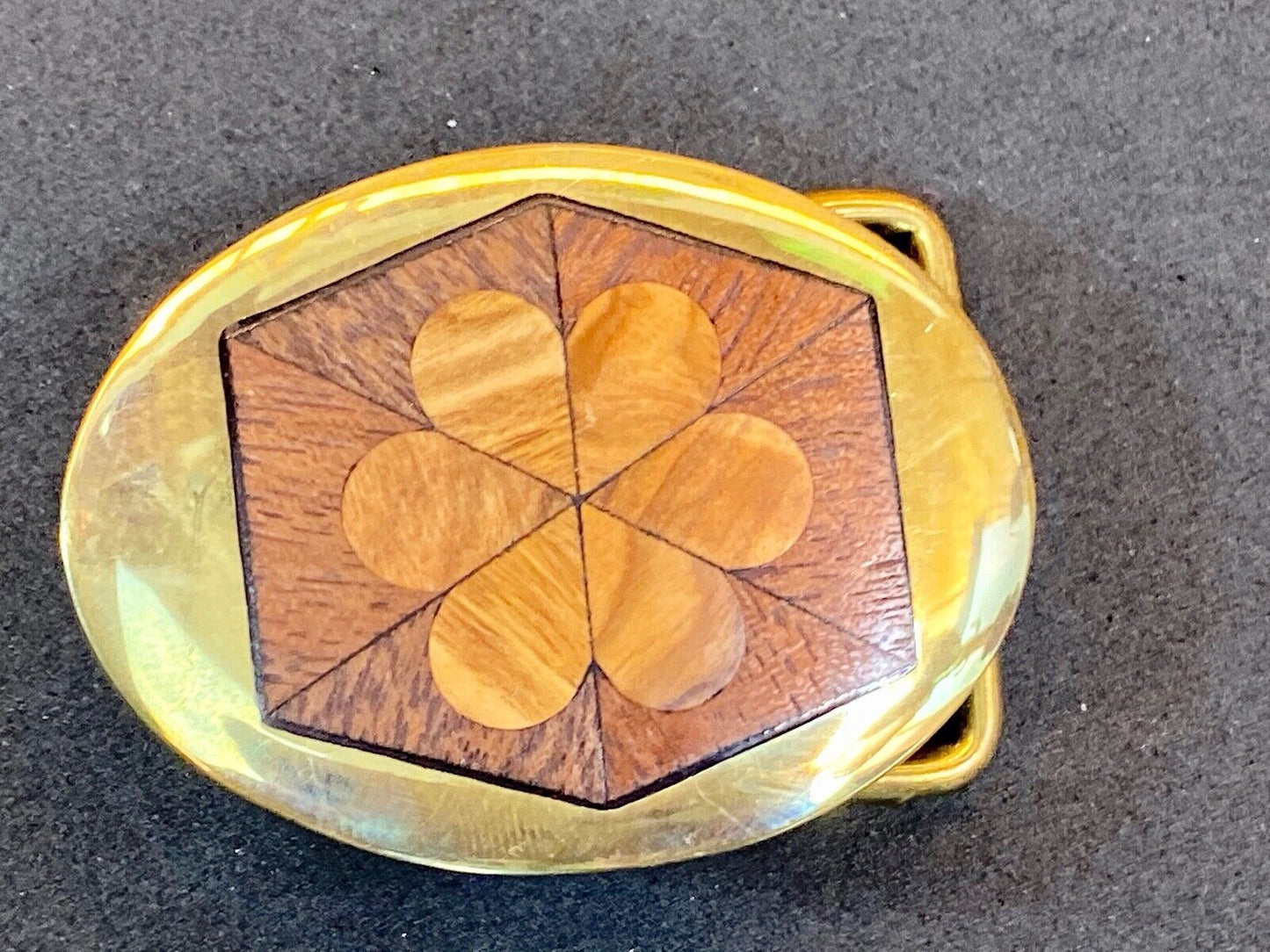 Vintage Brass With Wood Inlaid Mixed Flower Design Belt Buckle