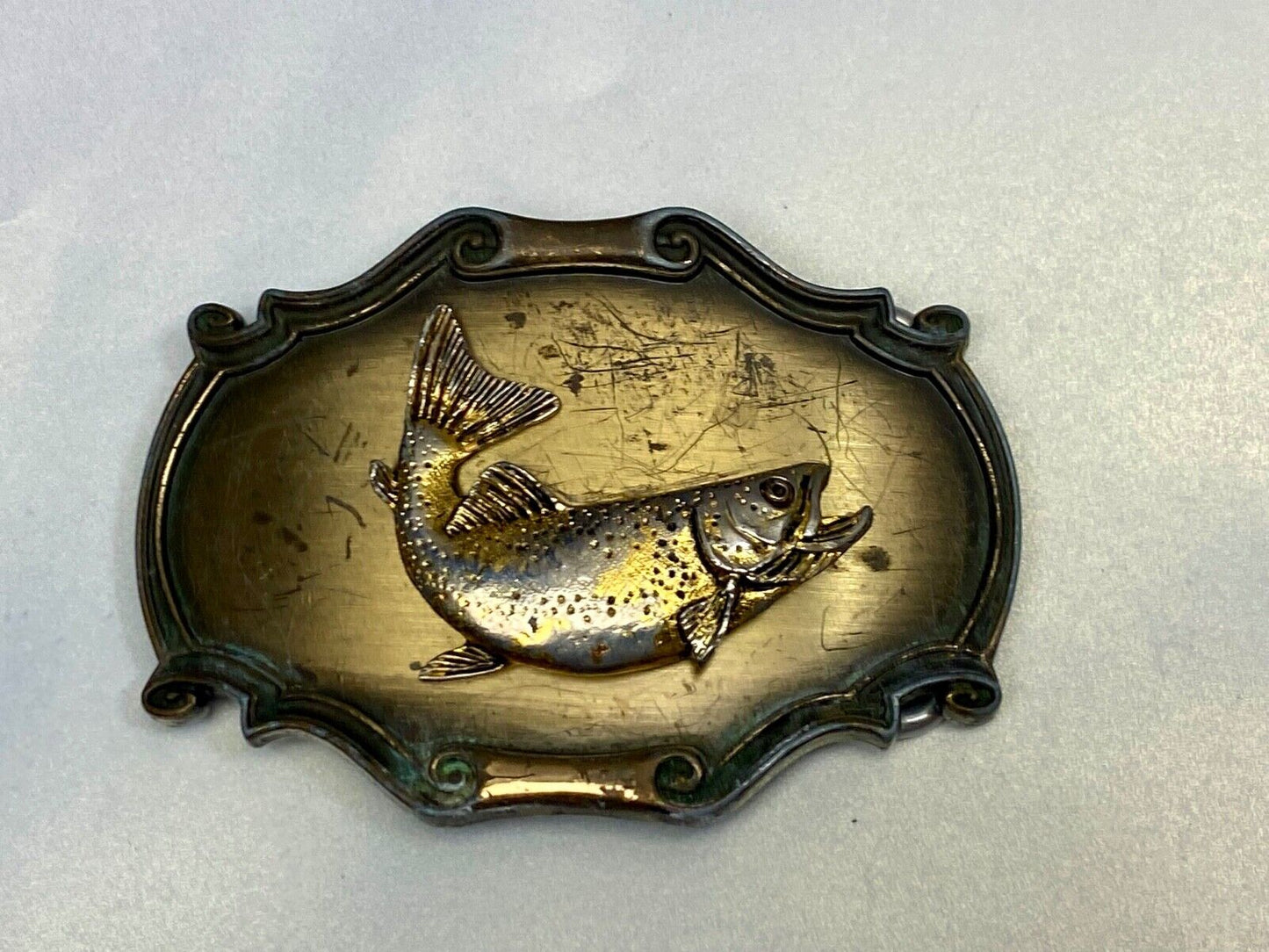 Vintage 1980 Rainbow Trout Belt Buckle 3-D Raintree Fish/Gold Tone W Scroll Edge