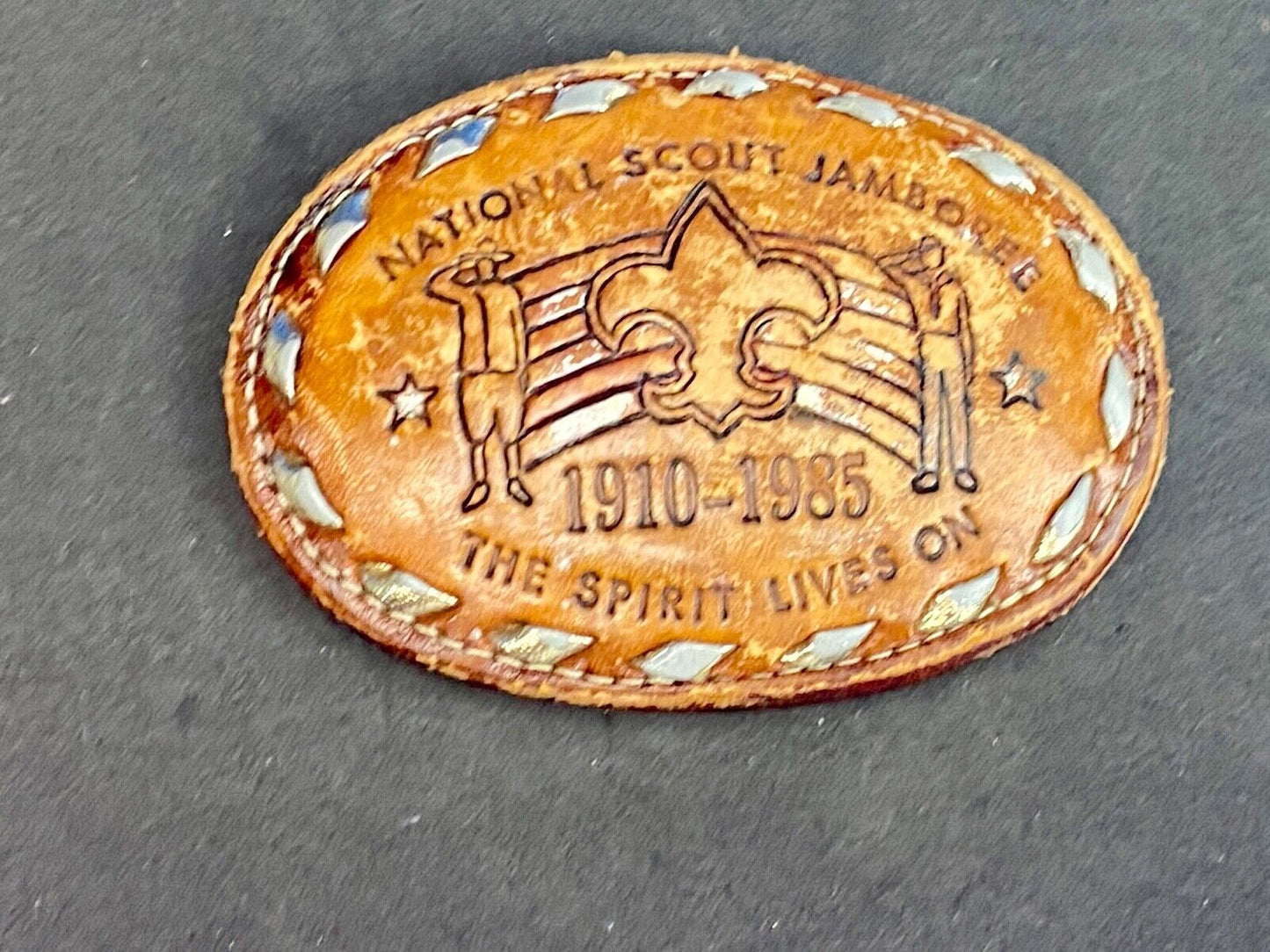 Vintage 1985 BSA National Scout Jamboree Boy Scouts leather belt buckle