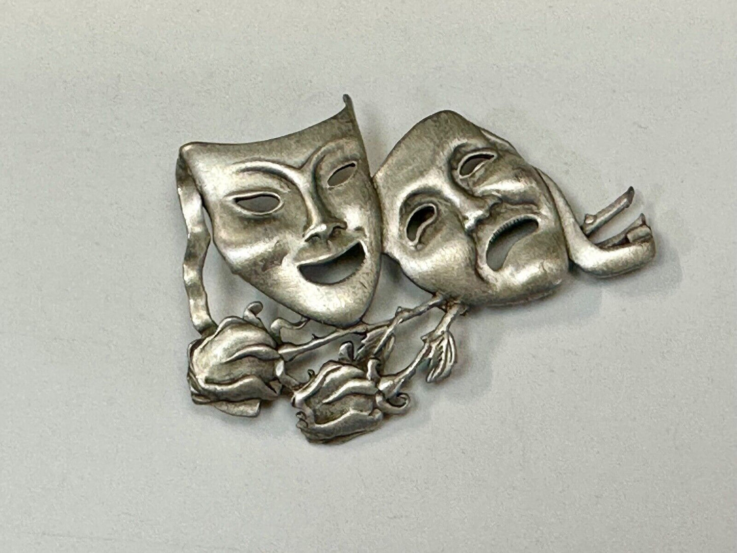 Theater Faces and Roses - Large JJ Signed silver tone vintage brooch pin