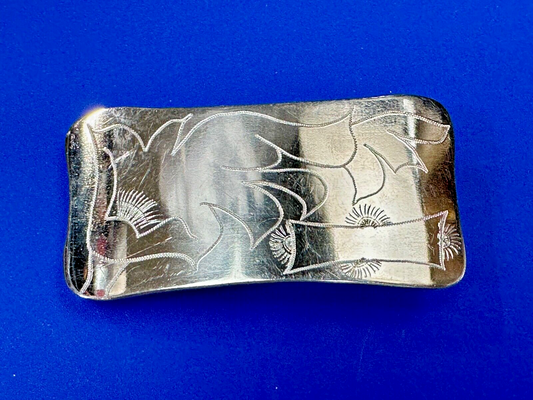 Unique Silver tone Flowing Flower Theme? belt buckle w/ blnak banner to engrave