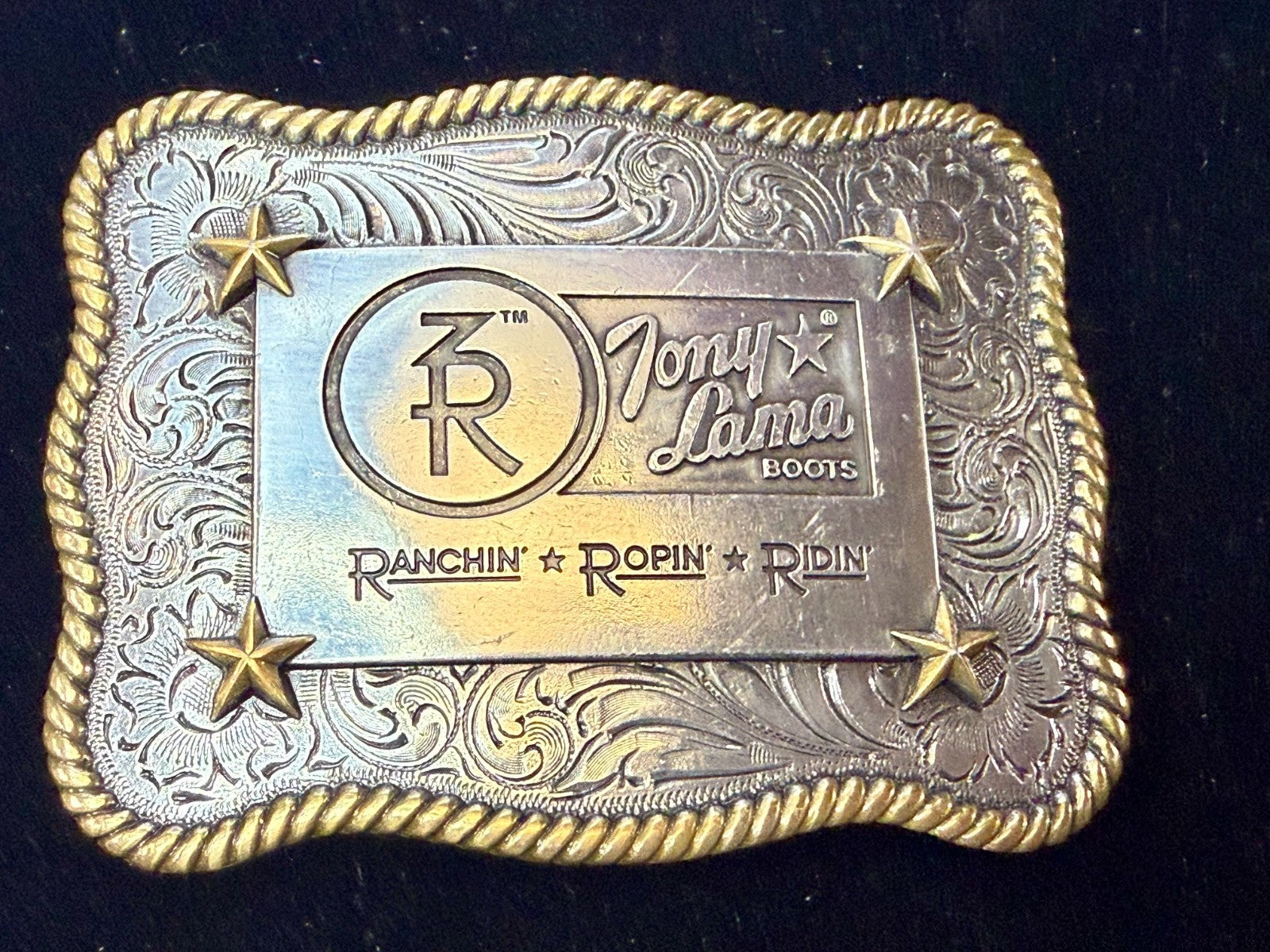 3R Ranch Ropin Ridin Gold Silver Tone Promotional Western Tony Lama Belt Buckle