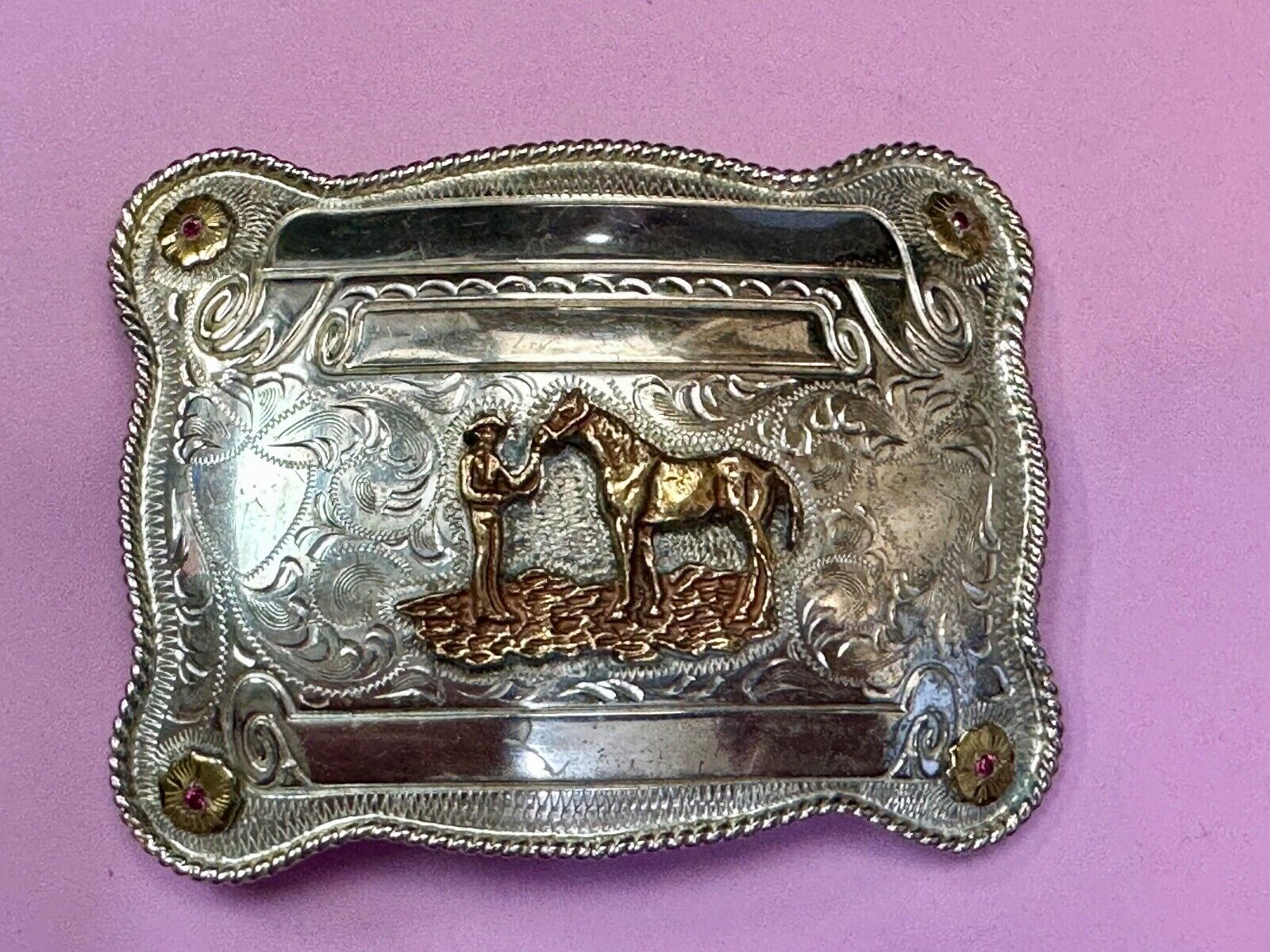 A man with his horse two tone, red ruby Belt Buckle - blank award scrolls